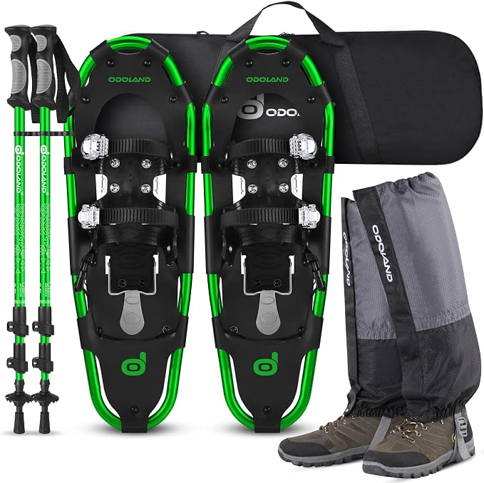 Odoland 21/25/30 Inch Snowshoes with Trekking Poles for Men Women Youth, Waterproof Snow Leg Gaiters and Carrying Bag, Lightweight Aluminum, Heel Lift, Snow Shoes Easy to Wear