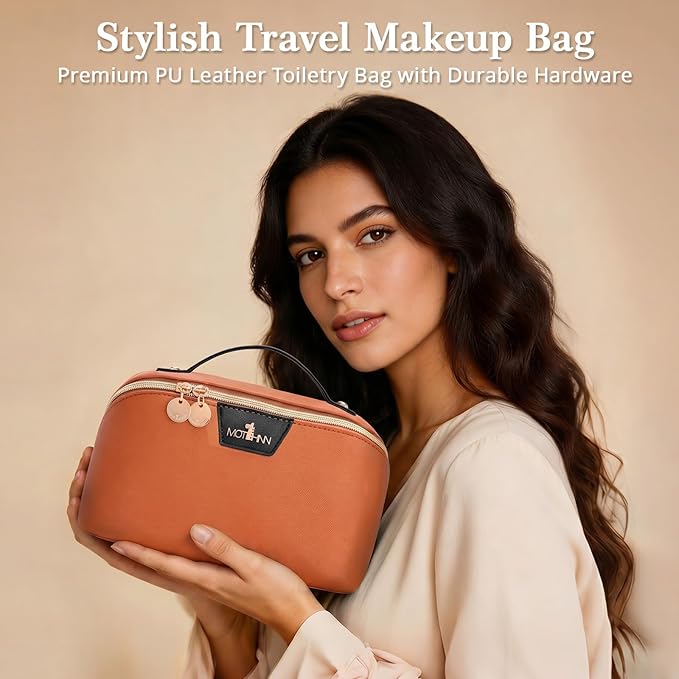 Travel Makeup Bag for Women: 3-in-1 Large Capacity Cosmetics Organizer with 2 Detachable Pouch - Vegan Leather Flat Open Toiletry Bag - Travel Essentials for Full-Sized Bottles(Orange)