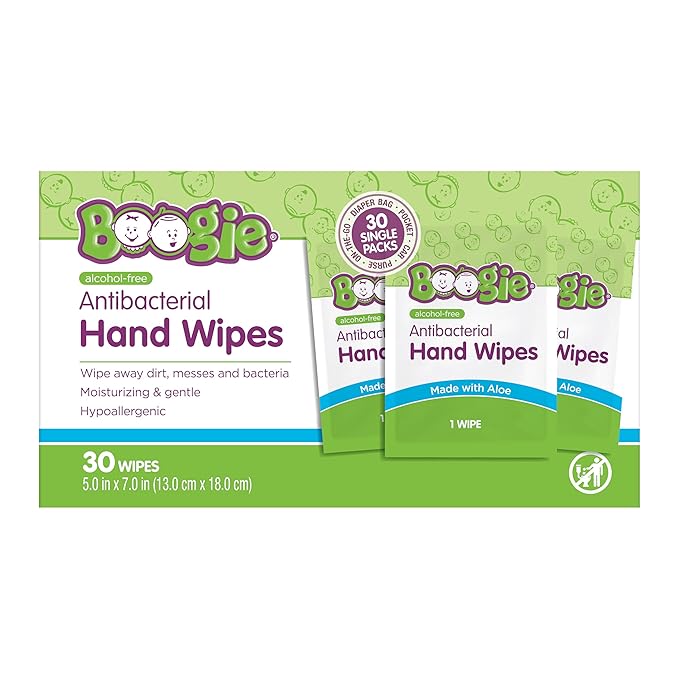 Boogie Antibacterial Hand Wipes - 30 Count - Hypoallergenic & Alcohol-Free - Individually Wrapped - Travel and Diaper Bag Essential