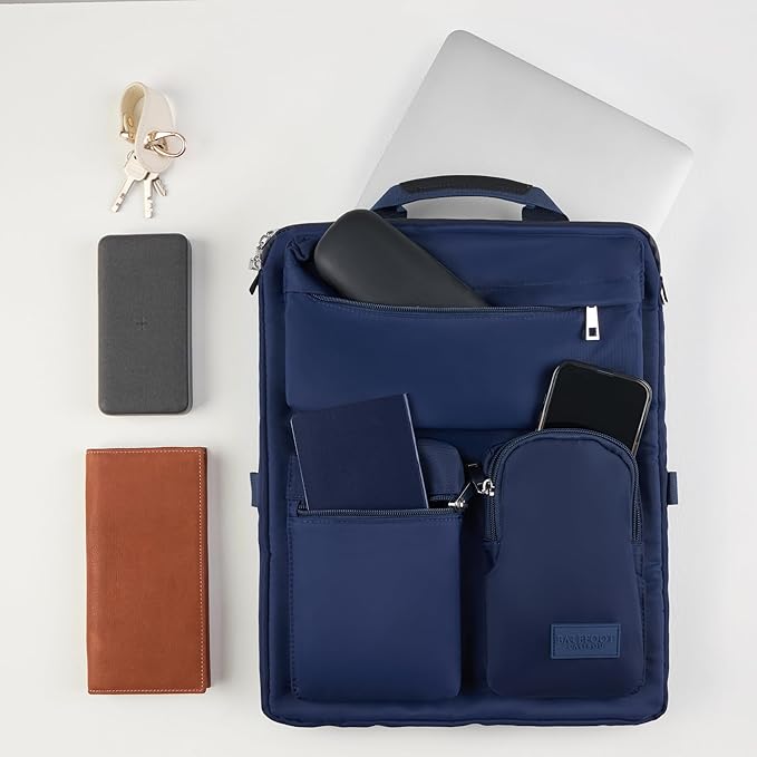 BAREFOOT CARIBOU Over Luggage Organizer for Carry On Bag or Suitcase with Storage Pockets, 16” Laptop Sleeve with Handle, Travel Accessories Bag Slide On Luggage Harness, Adjustable Straps (Navy Blue)
