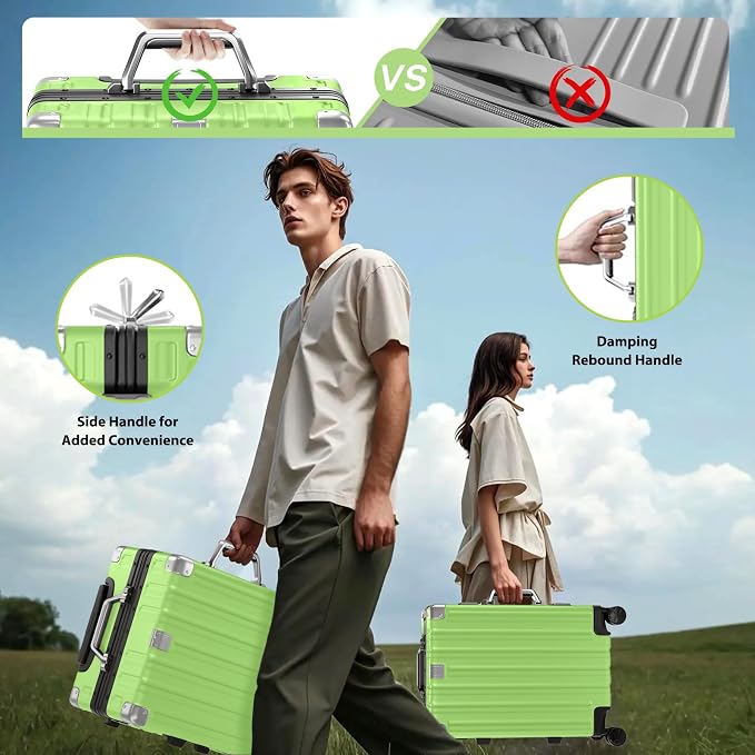 Krute Zipperless Luggage 24 Inch Aluminum Frame Suitcase with Spinner Wheels PC+ABS Hardide Checked Luggage TSA Approved No Zipper Travel Suitcase Green