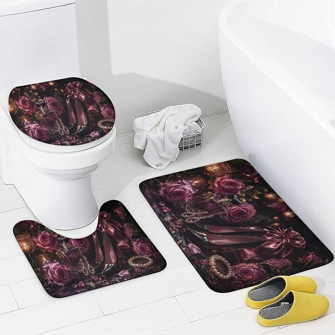 Elegant Purple Roses and Jewelry Bathroom Rug Set 4 Piece with Shower Curtain Non Slip Bath Mat Set Microfiber Bathroom Decor Toilet Lid Cover U Shape Rug Waterproof Bathroom Accessories