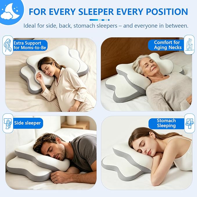 Cervical Neck Pillow for Neck Pain Relief & Side Sleeper | Ergonomic Pillow for Sleep Apnea, Neck Pain, and Snoring Relief | Orthopedic Memory Foam with Ergonomic Neck Support, White, Standard