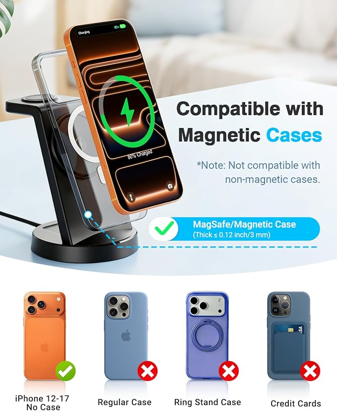 25W Magnetic 3-in-1 Wireless Charging Station for Apple Multiple Devices: Fast Charger Stand for iPhone Air 17 16 15 14 13 12 Pro Max, Apple Watch and AirPods-Perfect for Business and Travel, Black