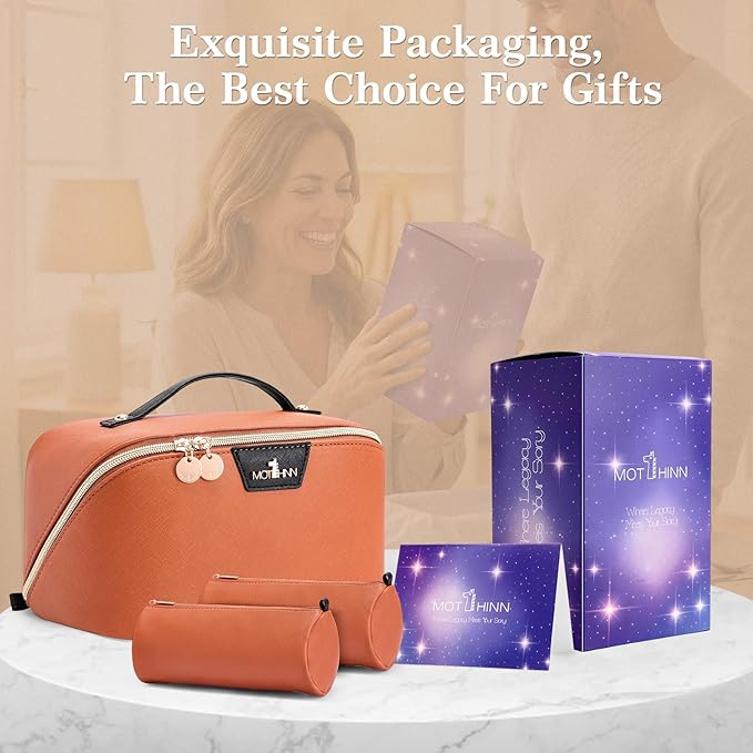 Travel Makeup Bag for Women: 3-in-1 Large Capacity Cosmetics Organizer with 2 Detachable Pouch - Vegan Leather Flat Open Toiletry Bag - Travel Essentials for Full-Sized Bottles(Orange)