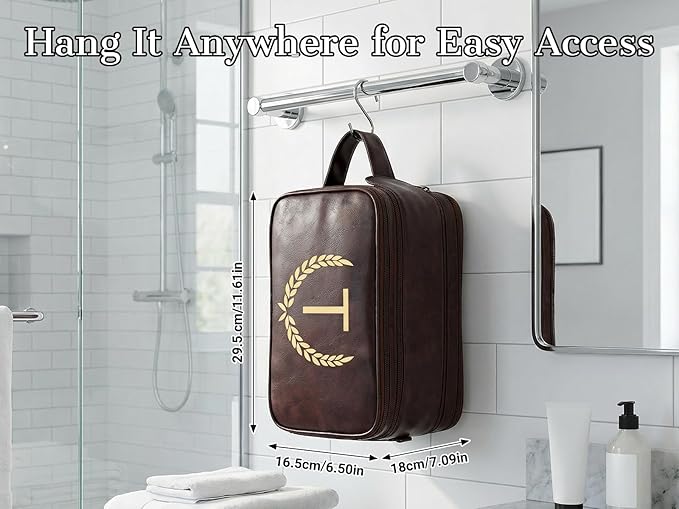 OXYEFEI Personalized Gifts for Men, Personalized Large Toiletry Bag for Men,Custom PU Leather Waterproof Mens Toiletry Travel with Initial Essential Dopp Kit Shaving Bag (S, Tea Brown)