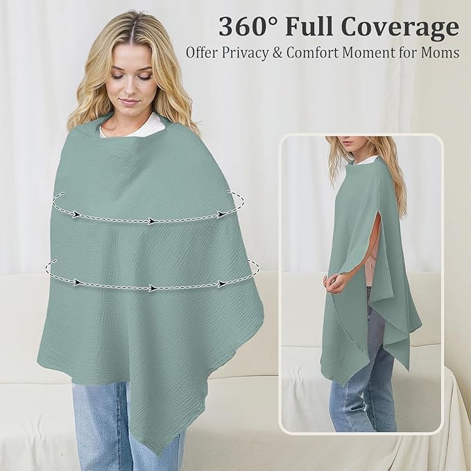 Muslin Nursing Cover Up for Breastfeeding, Soft & Breathable Cotton Breast Feeding Cover for Women, Full Privacy Breastfeeding Cover - Newborn Baby Essential, Green
