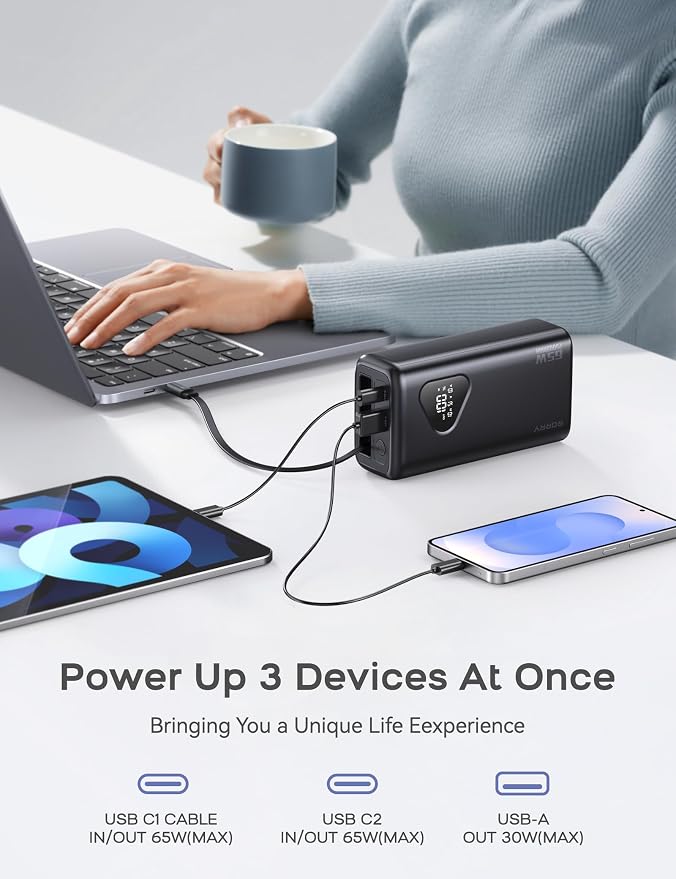 RORRY Laptop Power Bank, 25000mAh 65W Portable Laptop Charger Battery Bank PD Fast Charger Built in Retractable Cables, for iPhone 17/16/15 Series, MacBook, Samsung, Dell, XPS, iPad, Steam Deck, Black