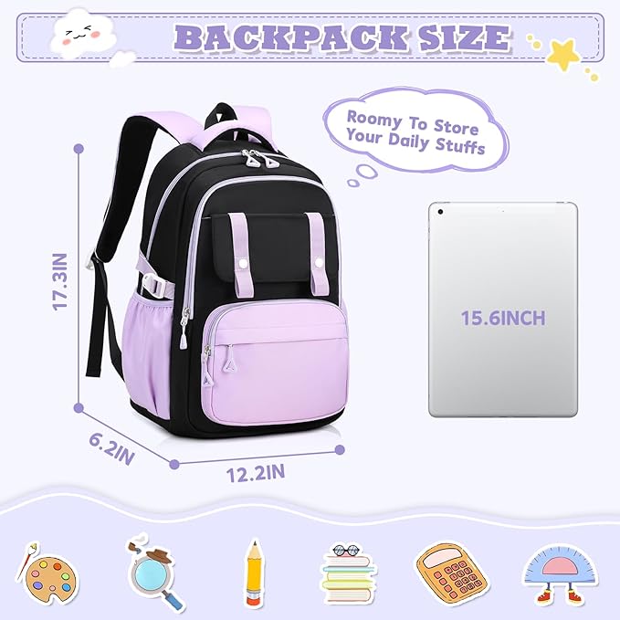 MUSEVOS Girls Backpack, Ideal School Backpack for Girls from Elementary to Teen Years, Kawaii Bookbag Cute Large Capacity (BLACK&PURPLE)