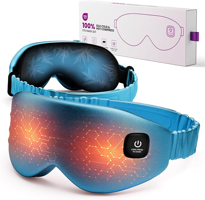 100% Silk Wireless Heated Eye Mask with Cooling, Relieves Dry Eye Syndrome and Puffy, Reduces Dark Circles, Adjustable Velcro Design and Washable Cover, Suitable for Travel & Gifts-Blue