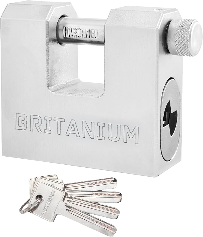 Britanium® BRX74 Heavy Duty Container Lock  with 5 Keys – 12 mm Cut Resistant Shackle, Weatherproof Nickel Plated Body | High Security Padlock for Container, Garage, Shed, Gates