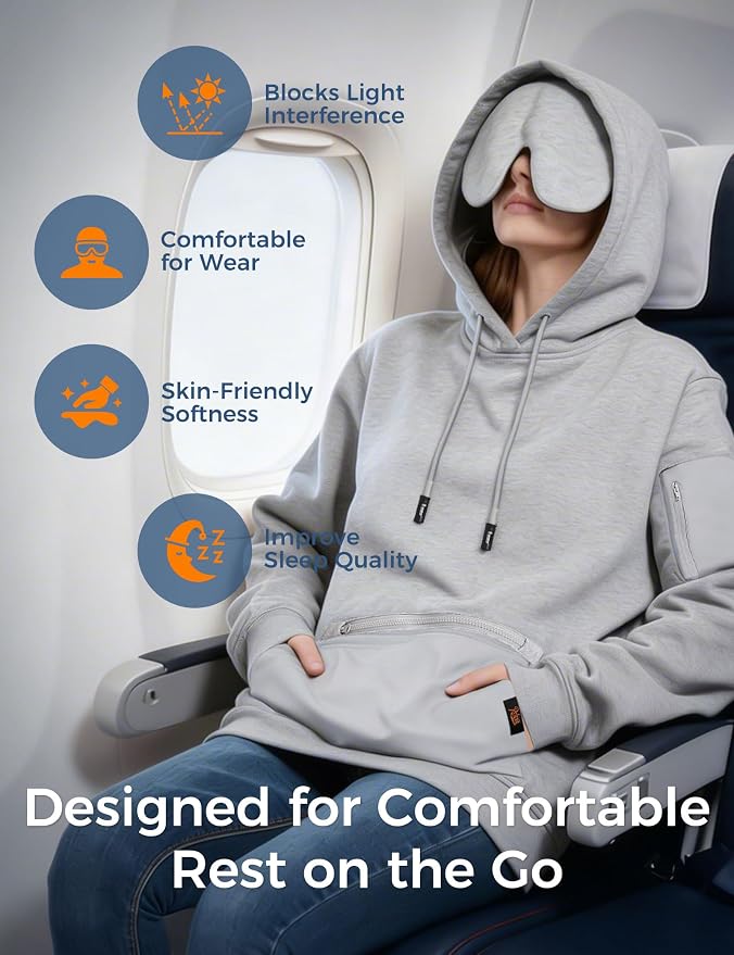 Travel Hoodie with Built-In Eye Mask for Airplane Travel Breathable Comfort Pullover Sweatshirt Multiple Pockets
