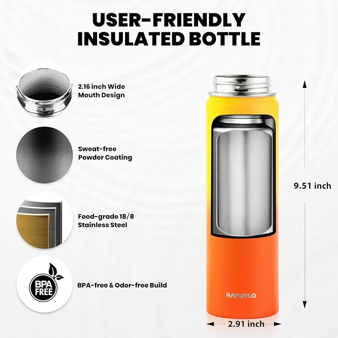 RAYMYLO Insulated Water Bottle 20 oz, Triple Wall Vacuum Stainless Steel (Cold for 24Hrs, Hot for 12Hrs), Leak Proof & Non-BPA, Modern Water Bottle Jug for School with Straw Spout Lids