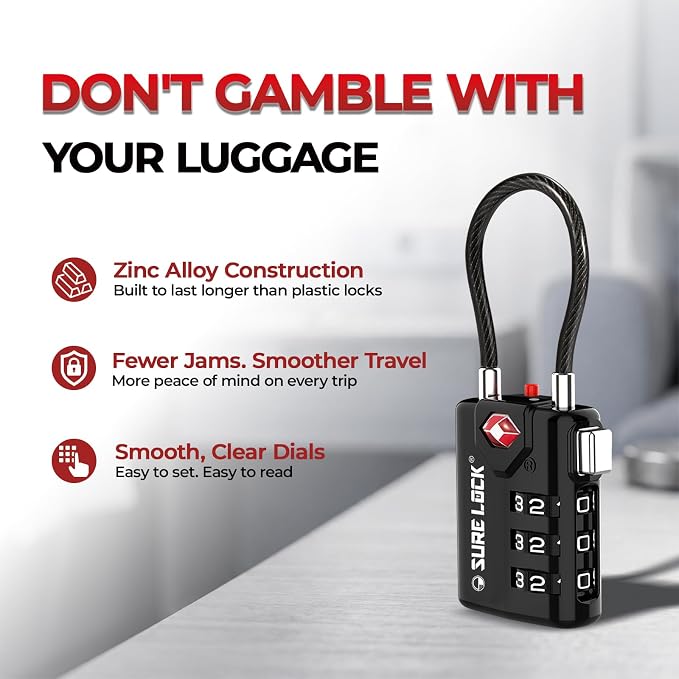 SURE LOCK TSA Approved Luggage Locks with Open Alert Indicator, 3 Digit Combination Cable Travel Lock for Suitcase, Backpack, Gym Locker, Toolbox & Travel Bag, 2 Pack Black