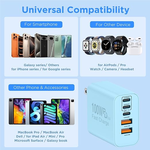QZIIW USB C Wall Fast Charger Block, 100W 5-Port Type C Fast Charging Block 3 Pack-PD Power Charger Adapter QC 3.0 USB Multiport Charger Brick for iPhone 17 16, Samsung Series MacBook/Air, iPad, etc.