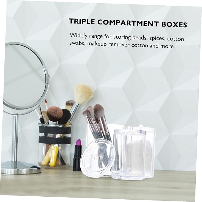 OUNONA Transparent Triple Compartment Cotton Swab Box with Dustproof Lid for Bathroom Storage Makeup Cotton Organizer and Vanity Holder for Balls Swabs and Pads