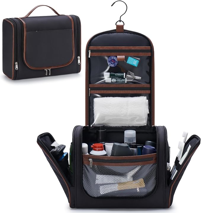 ZAHNI Hanging Toiletry Bag for Men with 360° Hook, Large Toiletry Travel Bag, Bathroom Shower Organizer for Shaving, Grooming & Toiletries_Black