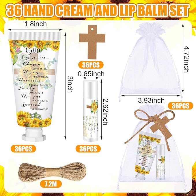 144 Pcs Christian Lip Balm Hand Cream Set Mothers Day Biblical Party Favors Include 36 Bible Lip Balms and Sunflower Moisturizing Hand Creams 36 Bags Cards and Ropes for Women Church Care