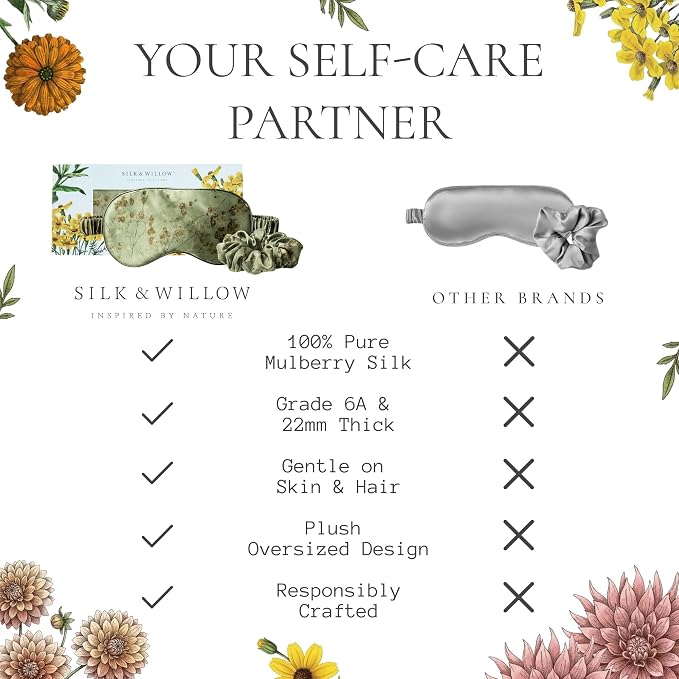 SILK & WILLOW - Botanical Print Pure Mulberry Silk Eye Mask & Scrunchie Gift Set, Luxurious Sleep Eye Mask & Hair Accessory Bundle, Durable Nature-Considerate Wellness Gifts for Women, Coreopsis Sage
