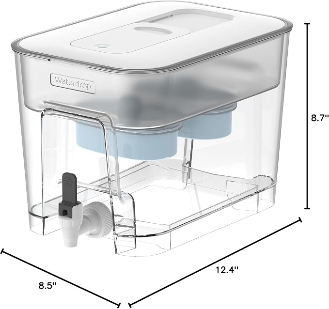 Waterdrop WFD-22W-DF-A Water Filter Dispenser, Alkaline 40-Cup Water Purifier, 2 Built-in Filters, 8X Faster Filtration, 200-Gallon Lifespan, Mineralized Alkaline Water, Reduces Chlorine, White