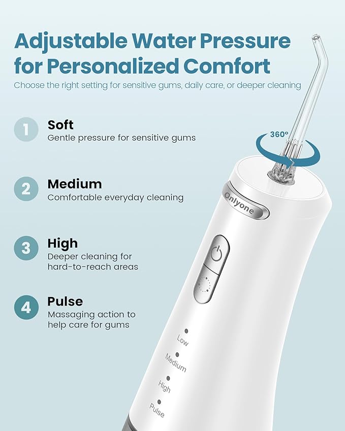 Onlyone Water Flosser — Cordless Dental Water Jet with 4 Pressure Modes, 1500-2000 Pulses/Min, 300ML Tank, IPX7 Waterproof, Rechargeable Portable Oral Irrigator for Braces, Sensitive Gums & Travel