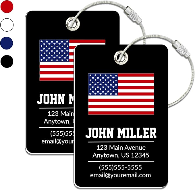 Personalized Luggage Tag with American Flag | 2 Pack | Custom Luggage Tags for Suitcases | Kids Backpack Tag | 4 Color Options & Choose Font, Font Color