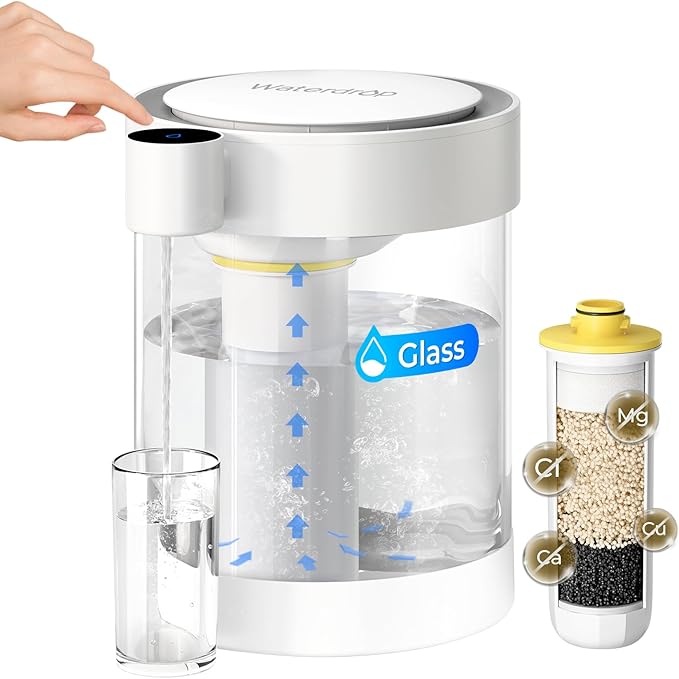 Waterdrop ED12W Glass Rechargeable Water Filter Dispenser, Large 22-Cup, Reduce 70+ Contaminants, Instant Eco-Friendly Countertop Water Filter System, 5-Stage Soften Water Pitcher, with 1 Filter