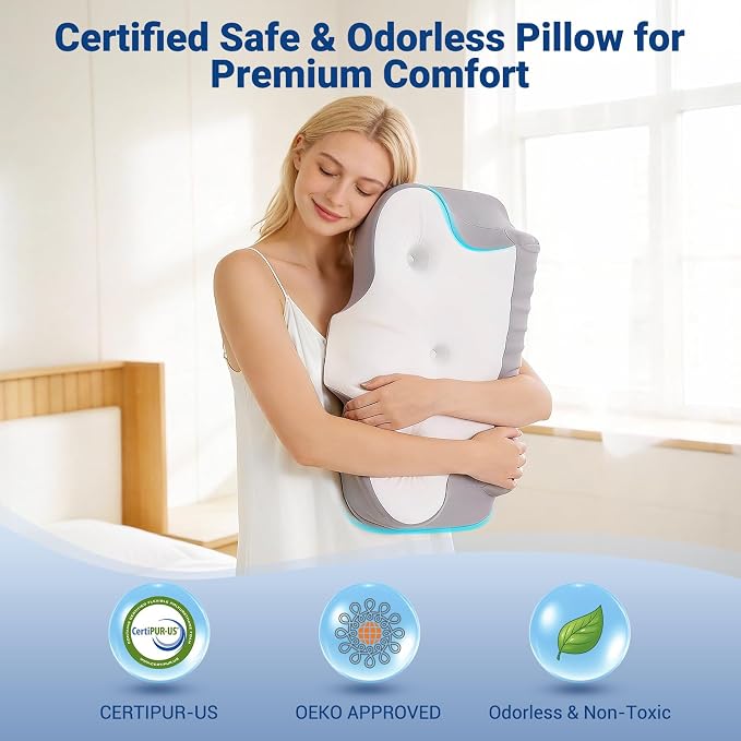Cervical Pillow for Neck Pain Relief, Ergonomic Contour Memory Foam Neck Support Pillow with Ear Pressure Relief and Dual Height Design