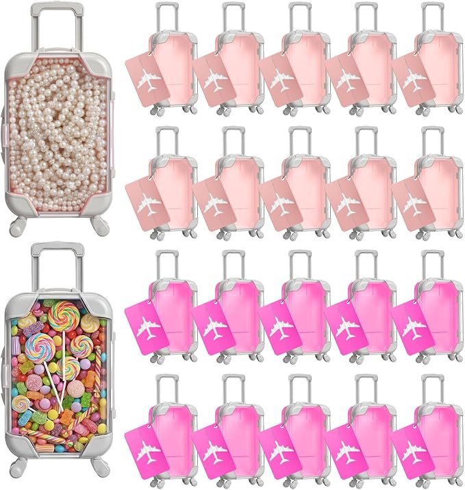 Teecyhooo 20 Pcs Mini Suitcase Party Favor Boxes and 20 Pcs Metal Luggage Tags with Card, Clear Mini Luggage Gift Boxes for Girls Wedding Travel Birthdays (6.5 x 2.8 x 1.4 Inch,Pink,Rose Red)