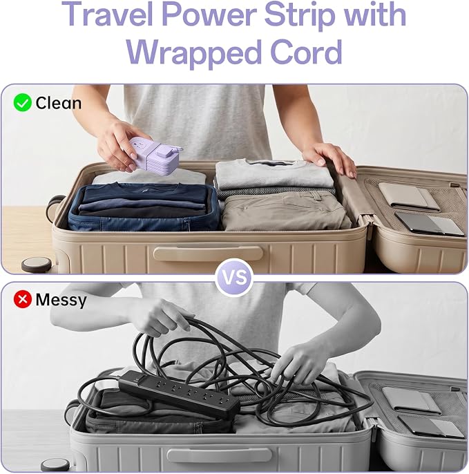 Travel Power Strip, SMALLRT Extension Cord with Multiple Outlets, 6.5FT Wrapped Extension Flat Plug Power Strip with 4 AC Outlets for Travel, Hotel, Cruise Approved, No Surge Protection, Purple