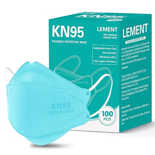 LEMENT KN95 Face Masks - 100 Pack Breathable Comfortable Disposable Masks For Adult, Filter Efficiency≥95%, Elastic Ear Loops, Blue