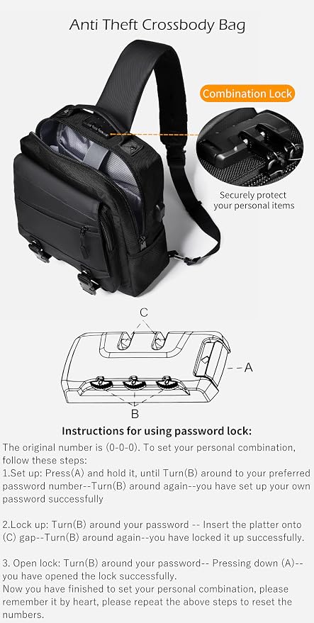 Leaper Anti-Theft Crossbody Sling Bag：one-handed quick-open lock in 3 seconds & hidden zippered pockets for Travel, Work & Daily Commute, Black