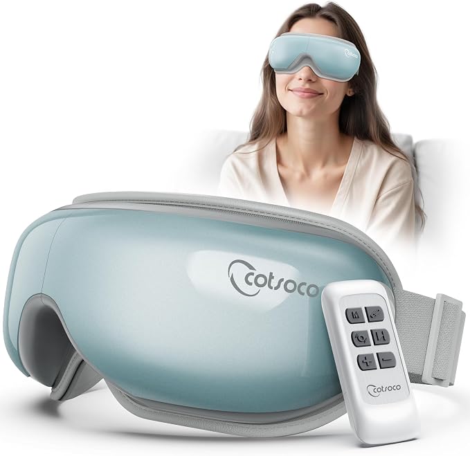 cotsoco Eye Massager with Heat, Remote, and Compression, Adjustable Foldable Sleep Mask for Relaxing Eyes and Better Sleep, Migraine Relief Device, Birthday Gifts for Women Men Her Him-Blue