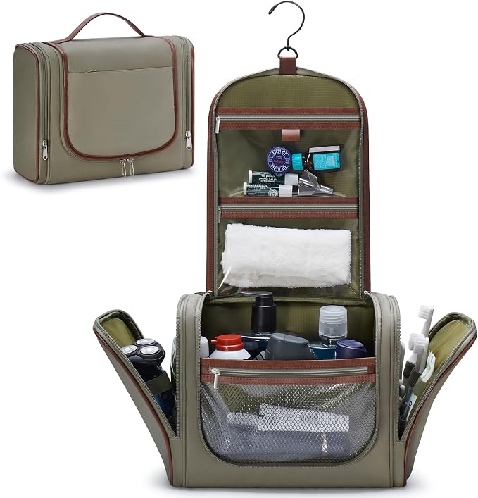 ZAHNI Hanging Toiletry Bag for Men with 360° Hook, Large Toiletry Travel Bag, Bathroom Shower Organizer for Shaving, Grooming & Toiletries_Green