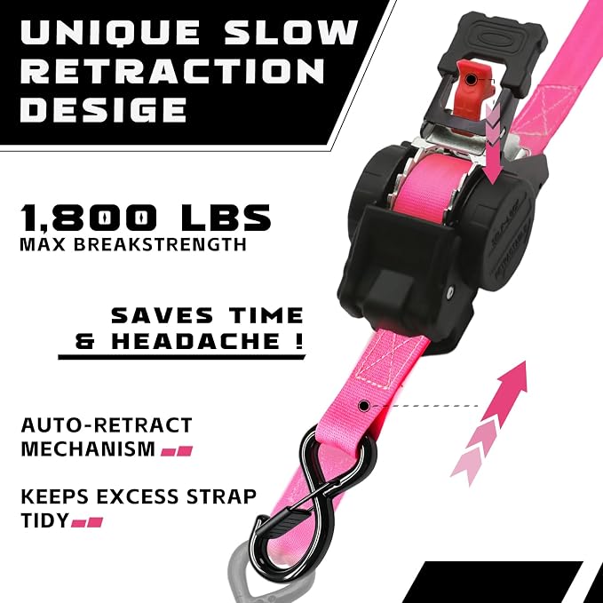 Retractable Ratchet Straps 1" x 13Ft, Heavy Duty Self Retracting Tie Down Straps, 1800lb Break Strength Auto Retract Cargo Straps for Truck, Trailer, Motorcycle, ATV, UTV, (Pink, 2 Pack)