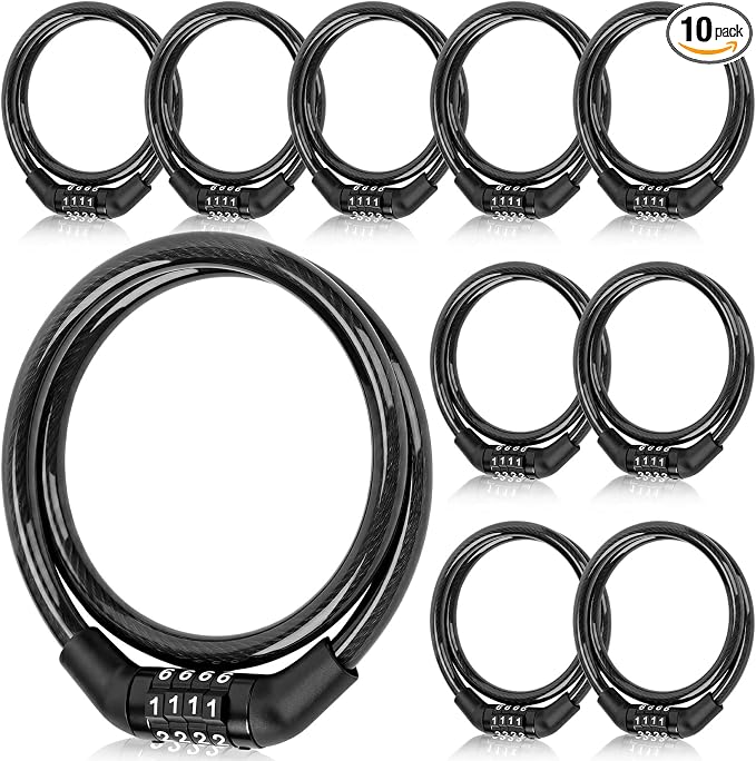Hotop 2 Feet Bike Lock Cable with Combination, Coiled Preset Bike Lock High Security 4 Digit Bicycle Locks Anti Theft Bikes Accessories Black Bicycle Cable Locks, 5/6 Inch Diameter(10 Pcs)