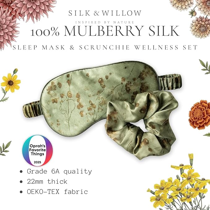 SILK & WILLOW - Botanical Print Pure Mulberry Silk Eye Mask & Scrunchie Gift Set, Luxurious Sleep Eye Mask & Hair Accessory Bundle, Durable Nature-Considerate Wellness Gifts for Women, Coreopsis Sage