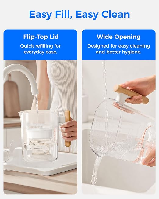 Waterdrop PT-04C Water Filter Pitcher, 10-Cup Capacity, NSF Certified, 200-Gallon Long-Life Filter, 5X Longer Filter Life, Reduces PFOA/PFOS and Chlorine, BPA-Free, Sturdy Wooden Handle, Clear