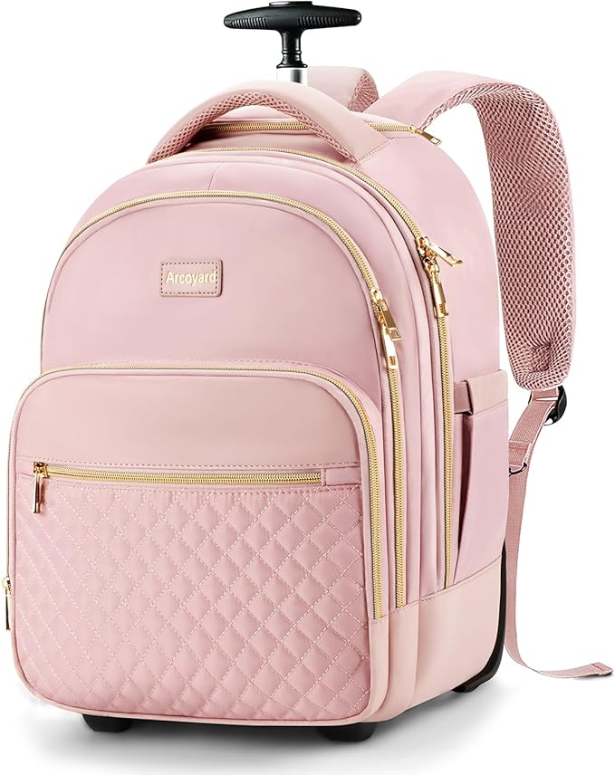 Arcoyard Small Rolling Backpack, 14.3 Inch Underseat Carry On Luggage With Wheels For Adults, Wheeled Backpack for Women, Travel Roller Bag, Pink