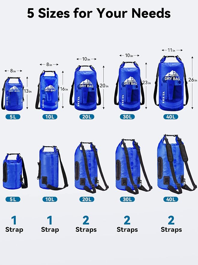 HEETA Dry Bag Waterproof for Women Men, 5L/10L/20L/30L/40L Roll Top Lightweight Dry Storage Bag Backpack with Phone Case for Travel Swimming Boating Kayaking Paddle Board Camping Beach Accessories