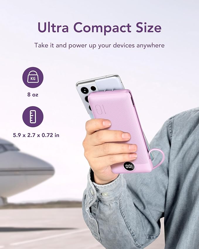 VEGER Portable Charger Power Bank with Built-in AC Plug and Cables, All in One 10000mAh Ultra Slim Travel Essentials, Fast Charging Battery Pack Compatible with iPhone, Samsung, Android, Purple