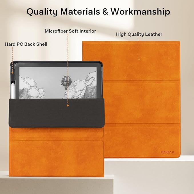 CoBak Case for 11" Kindle Scribe 3rd Generation 2025, Kindle Scribe Colorsoft with Two Viewing Angles - All New PU Leather Cover with Auto Sleep Wake, Pen Holder. Orange Crossgrain