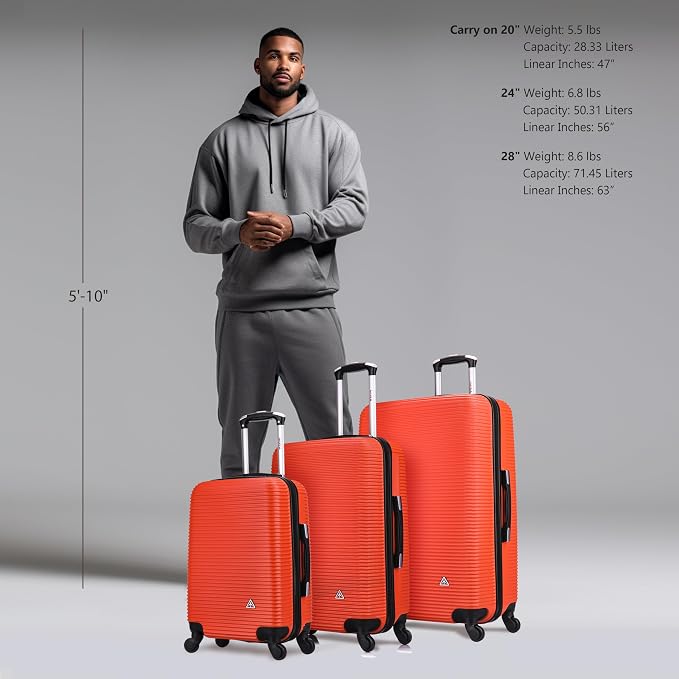 InUSA ROYAL Hardside Luggage Set with Spinner Wheel | Spacious Travel Suitcases with Ergonomic GEL Handle and Studs | (20/24/28) 3 Piece Luggage Set | Orange