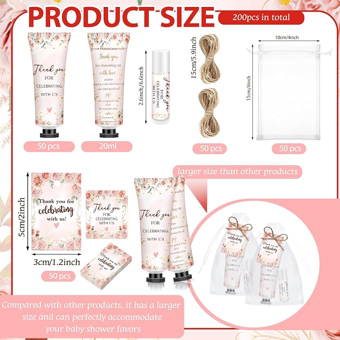 50 Sets 200 Pcs Pink Floral Baby Shower Gifts Bulk Hand Lotion and Lip Balm Wedding Party Favors Floral Theme Bride Shower Travel Size Hand Lotion and Lip Balm with Organza Bags Tags