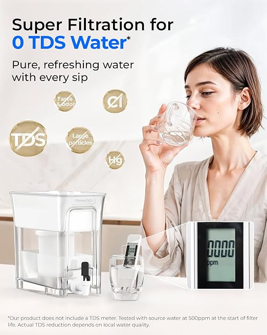 Waterdrop WFD-01W Water Filter Dispenser, 0 TDS Water Filter Pitcher, 35-Cup Large Capacity with 1 Filter, Reduce TDS, Chlorine, PFOA/PFOS and More, BPA Free, White