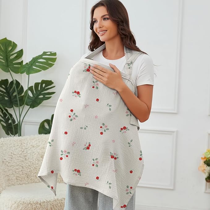 Muslin Nursing Cover for Baby Breastfeeding, Breathable 100% Cotton Breastfeeding Cover with Rigid Hoop for Mother Nursing Apron (Strawberry Whisper)