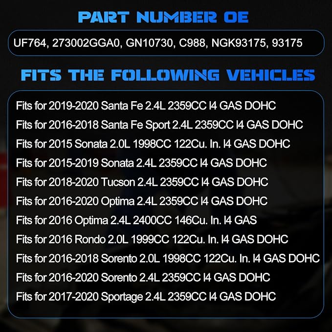 UF764 Ignition Coils Pack + 93175 Iridium Spark Plugs Fits for 2015-2019 Sonata 2016-2020 Santa Fe 2018-2021 Tucson 2016 Rondo 2016-2020 Sorento Optima 2017-2022 Sportage 4 Pcs Full Set