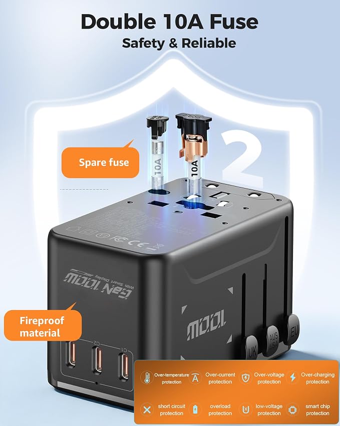 GaN 100W Universal Travel Adapter with Smart Display, 3 USB C 1 USB A + 2500W AC Outlet, International Power Adapter for Fast Charging in 200+ Countries, Compatible with MacBook, iPhone and More