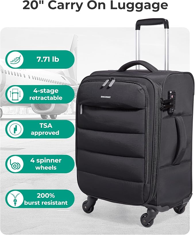 BAGSMART Carry On Luggage 22x14x9 Airline Approved, 20 Inch Soft Suitcase with Wheels, Lightweight Spinner Carry on Suitcase with PVC Wet/Dry Pockets for Short Trip, Black