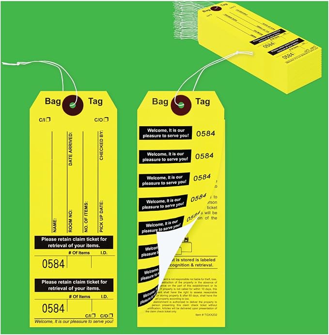 1000 Luggage Claim Tags with String Attached, Consecutively Numbered, Bag Stickers, Claim Ticket - Bag Tags for Hotel and Motel Bag Storage. Size: 6 3/4" (H) x 2 1/2" (W).